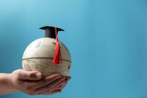 Graduation cap with Earth globe. Concept of global business study, abroad educational, Back to School, Study abroad business in universities. Elements of this image furnished by NASA. photo