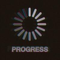 PROGRESS word with loading circle CMYK colors overlap transparent riso print effect vector illustration on black background.