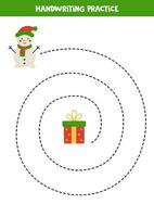 Tracing lines for kids. Cute snowman and present. Maze for kids. vector