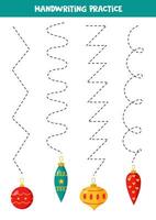 Tracing lines for kids. Cute Christmas balls. Handwriting practice. vector