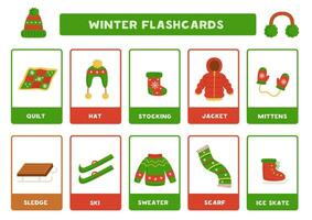 Cute winter accessories with names. Flashcards for learning English. vector