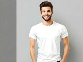 Young man wearing blank white t-shirt mockup, Design tshirt template, print presentation mock-up. Ai generated photo