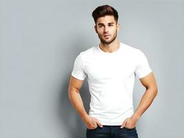 Young man wearing blank white t-shirt mockup, Design tshirt template, print presentation mock-up. Ai generated photo