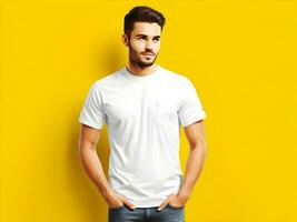 Young man wearing blank white t-shirt mockup, Design tshirt template, print presentation mock-up. Ai generated photo