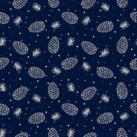 Seamless pattern with fir cone a pine branch and snow on blue background. Pattern for gift wrapping paper, textille vector