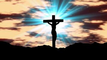 Jesus Christ On The Cross With Bright Shine Sun Effects. Animation Background With Bright Light Shine Effect, Jesus Crucified On The Top Of The Hill On The Cross And Behind Clouds And Sun Rays Animati video