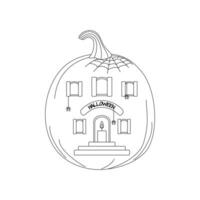 Víspera de Todos los Santos calabazas, otoño día festivo. calabaza casa con cortar fuera ventanas, puerta y vela. línea Arte. vector