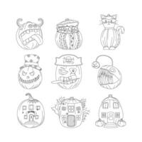 Set of Halloween pumpkins, autumn holiday. A pumpkin with a carved smile. Line art. vector