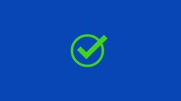 Green tick mark animation on circle checklist motion graphics isolated on blue screen background video