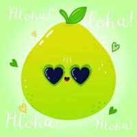 Cute funny Pomelo character. Vector hand drawn cartoon kawaii character illustration icon. Isolated on green background. Pomelo fruit character concept. Aloha card