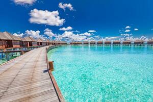 increíble soleado panorama a Maldivas. lujo recurso villas marina con aumentar arriba colores, azul mar cielo, fantástico embarcadero. Perfecto verano vacaciones fiesta antecedentes. tranquilo tropical playa paisaje foto