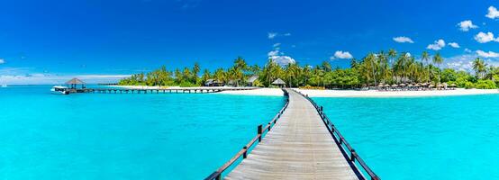 Increíble paisaje panorámico de la playa de Maldivas. paisaje de playa tropical paisaje marino, muelle de madera de resort de villa de agua de lujo. Fondo de destino de viaje de lujo para vacaciones de verano y concepto de vacaciones foto