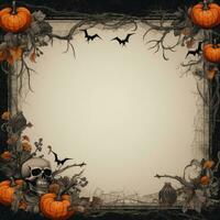 Background for Halloween with border of skull, pumpkins and bats photo