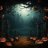 Halloween background with spooky landscape with trees and pumpkins photo