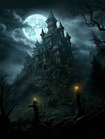 Spooky Halloween background with a castle on a hill against a moonlit sky photo