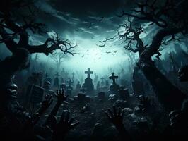 Halloween background with hands erupting out of the ground of graveyard photo