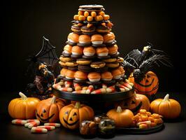 Halloween background with glorious stack of sweets and candy photo