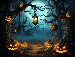 Halloween background with lantern hanging from a tree with pumpkins and bats photo