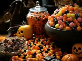 Image of close up of lots of Halloween snacks and candy photo