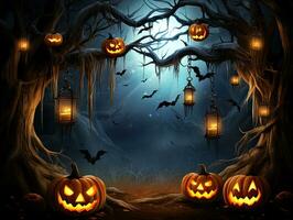 Halloween background with pumpkins, lanterns hanging from trees and flying bats photo