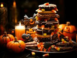 Halloween background with stacks of cookies and candy photo