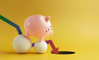 Recession, Inflation and Depression Concepts. Economic Crisis. Red Arrow Falling Down, Business Collapse. Pink Piggy Bank in Shocked Face on Unstable Ball photo