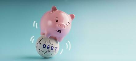 Debt Concepts. Economic Crisis. a Pink Piggy Bank in Shocked Face trying to balancing body on the Shaking Unstable Debt Ball photo