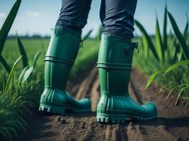 agricultores pies en caucho botas, ai generado foto