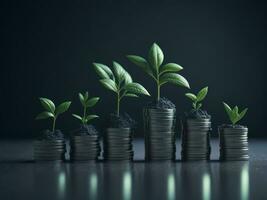 Row of stacks of coins with a plant growing, AI generated photo