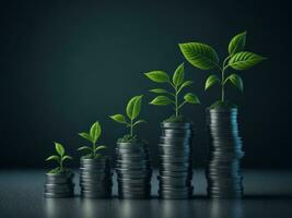 Row of stacks of coins with a plant growing, AI generated photo