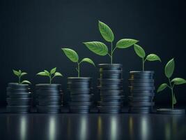 Row of stacks of coins with a plant growing, AI generated photo