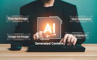 AI, Artificial Intelligence, content Concept. Artist Man using AI Art to generate image content. Text to image command prompt generates, technology Business, futuristic transformation. photo