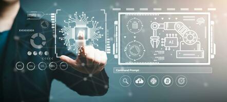 Chatbot Chat AI concept, Artificial Intelligence. Businessman using technology smart AI robot, enter command prompt, analyze data for business, Automate chatbot, Futuristic technology transformation. photo