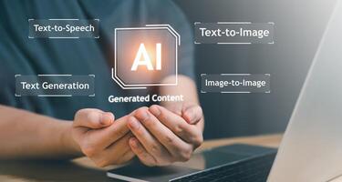 AI, Artificial Intelligence, content Concept. Artist Man using AI Art to generate image content. Text to image command prompt generates, technology Business, futuristic transformation. photo