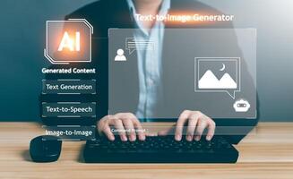 ai, artificial inteligencia, ai generado contenido concepto. artista hombre utilizando ai Arte a generar imagen contenido. texto a imagen mando rápido genera, tecnología negocio, futurista transformación. foto