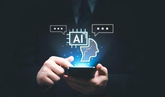 AI, Artificial Intelligence, content Concept. business Artist Man using AI Art Assistant to generate for business. Content command prompt generates, technology futuristic transformation. photo