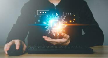 Chatbot Chat AI concept, Artificial Intelligence. Businessman using technology smart AI robot, enter command prompt, analyze data for business, Automate chatbot, Futuristic technology transformation. photo