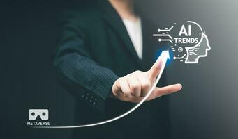 Businessman hand use magnifying glass Search for Ai Trends information. Using Search Console for Trends data, info, Searching On Virtual Screen Data Search Technology Search Engine Optimization. photo