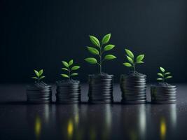 Row of stacks of coins with a plant growing, AI generated photo