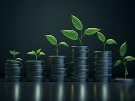 Row of stacks of coins with a plant growing, AI generated photo