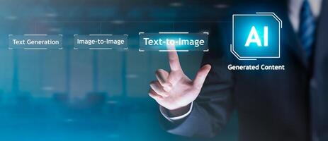 AI, Artificial Intelligence, content Concept. Business Artist Man using AI Art to generate image. Text to image command prompt generates, technology Business, futuristic transformation. photo