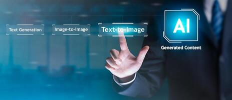 ai, artificial inteligencia, ai generado contenido concepto. negocio artista hombre utilizando ai Arte a generar imagen. texto a imagen mando rápido genera, tecnología negocio, futurista transformación. foto