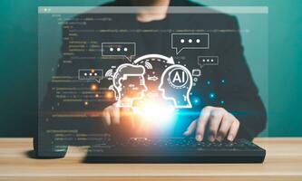 Chatbot Chat AI concept, Artificial Intelligence. Businessman Develop programming technology smart AI, command prompt, analyze data for business, Automate chatbot, Futuristic technology transformation photo