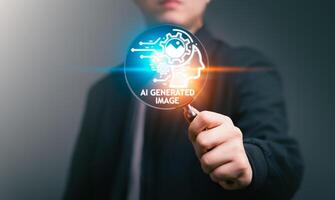 AI, Artificial Intelligence image Concept. Artist Man holding magnifier to find AI Art, Artificial Intelligence to generate image. Text to image command prompt, technology transformation. photo