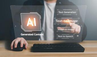 AI, Artificial Intelligence, content Concept. Artist Man using AI Art to generate image content. Text to image command prompt generates, technology Business, futuristic transformation. photo