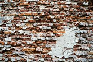 Empty Old Brick Wall Texture. Grunge Red Stonewall Background. Shabby Building Facade With Damaged Plaster. Abstract Web Banner photo