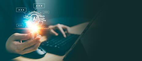 Chatbot Chat AI concept, Artificial Intelligence. Businessman using technology smart AI robot, enter command prompt, analyze data for business, Automate chatbot, Futuristic technology transformation. photo
