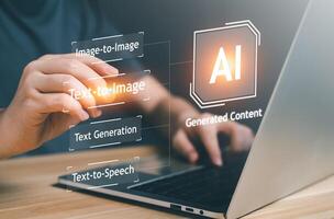 AI, Artificial Intelligence, content Concept. Artist Man using AI Art to generate image content. Text to image command prompt generates, technology Business, futuristic transformation. photo