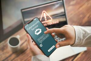 Cybersecurity, Cyber attack, System hacker Concept. Business man hacked on phone, network, vulnerability, illegal connection, Malicious software, data breach virus, cybercrime, compromised information photo