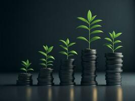 Row of stacks of coins with a plant growing, AI generated photo